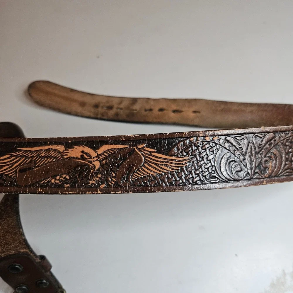 Vintage Jack Brass Buckle Tooled Leather Eagle Belt Brown Western 40 Inch KM627